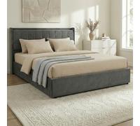 Lit Coffre YARO rembourré, Lit Double avec Rangement 160x200 cm, Gris Foncé, Sommier à Lattes Inclus, Tête de Lit en Tissu
