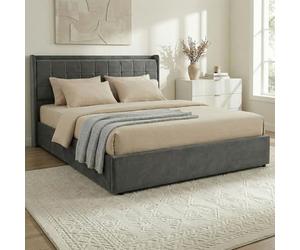 IDIMEX Lit Coffre Yaro rembourré, Lit Double avec Rangement 160x200 cm, Gris Foncé, Sommier à Lattes Inclus, Grand Espace de Rangement, Tête de Lit Capitonnée en Tissu, Velours Doux et Raffiné