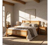 IDIMEX Lit Double 140x200 CEFIRA, Couleur Chêne, Tête et Pied de Lit en Rotin Tressé pour Ambiance Naturelle et Chaleureuse, Dimensions 148 x 95 x 208 cm, Idéal pour Chambre à Coucher