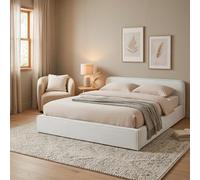 IDIMEX Lit Double CURSIO 140x190 cm, Revêtement en Tissu Velours côtelé Blanc cassé, Lit Style Moderne pour 2 Personnes, Cadre de lit en Bois avec sommier Inclus