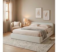 IDIMEX Lit Double CURSIO 140x190 cm, Revêtement en Tissu Velours côtelé Blanc crème, Lit Style Moderne pour 2 Personnes, Cadre de lit en Bois avec sommier Inclus