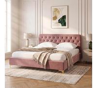 IDIMEX Lit Double Glamour Couchage 2 Places 140x190 cm, avec sommier et Pieds en métal doré, Style Baroque, avec revêtement en Velours capitonné Rose