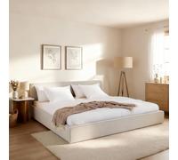 Lit Double LATINI 160x200, en Tissu Blanc Crème, Lit Queen Size 2 Personnes avec Sommier à Lattes Inclus, Tête Réglable en Hauteur