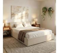 Lit Double PESARO rembourré 160x200 cm, Tête de lit en Tissu, Blanc Crème, avec Sommier, Lit Queen Size pour Adulte, Lit 2 Places
