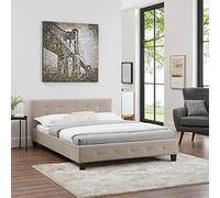 IDIMEX Lit Double pour Adulte Mathieu Couchage 140 x 190 cm avec sommier 2 Places / 2 Personnes, tête et Pied de lit capitonnés, revêtement en Tissu Beige