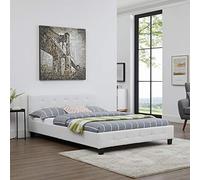 IDIMEX Lit Double pour Adulte Mathieu Couchage 140 x 190 cm avec sommier 2 Places / 2 Personnes, tête et Pied de lit capitonnés, revêtement synthétique Blanc