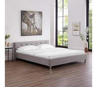 Lit double pour adulte NIZZA queen size 160x200 cm 2 places / 2 personnes, avec sommier et pieds métal chromé, tissu capitonné gris