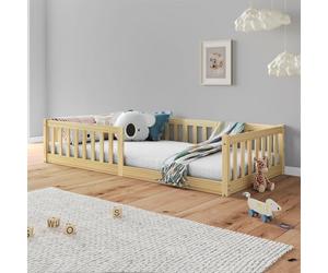 IDIMEX Lit Enfant Gustavo avec sommier lit au Sol 90x190 cm d'inspiration Montessori, avec barrières de Protection, en Bois Massif Coloris Naturel
