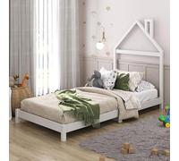 Lit enfant LIZ tête de lit en forme de maison, Lit au sol Montessori, Pour couchage 90 x 190 cm bois de pin massif, Blanc