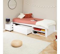 Lit fonctionnel SABRINA lit simple 90x190 cm pour enfant, 1 table de chevet sur roulettes, 1 grand tiroir et 2 étagère, en pin