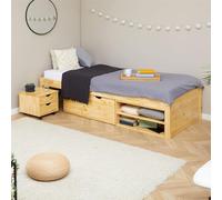 IDIMEX Lit Fonctionnel Sabrina lit Simple 90x190 cm pour Enfant ou Adulte, avec 1 Table de Chevet sur roulettes, 1 Grand tiroir et 2 étagères, en pin Massif à la fintion Naturelle