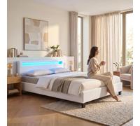 Lit LED double 140x190 cm avec sommier, tête de lit confortable, lit 1 place revêtement en tissu blanc, RIOJA