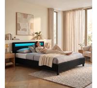 Lit LED double 140x190 cm avec sommier, tête de lit confortable, lit 1 place revêtement en tissu noir, RIOJA