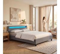 Lit LED double 140x190 cm avec sommier, tête de lit confortable, lit 1 place revêtement en tissu gris, RIOJA