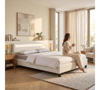 Lit LED double 140x190 cm avec sommier, tête de lit confortable, lit 1 place revêtement synthétique blanc, PINOT