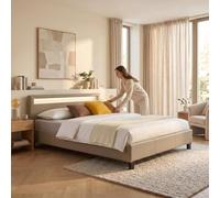 Lit LED double 140x190 cm avec sommier, tête de lit confortable, lit 1 place revêtement synthétique beige, PINOT