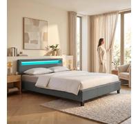 Lit LED double 140x190 cm avec sommier, tête de lit confortable, lit 1 place revêtement synthétique gris, PINOT