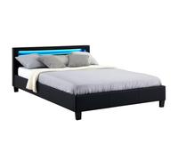 Lit LED double 140x190 cm avec sommier, tête de lit confortable, lit 1 place revêtement synthétique noir, PINOT