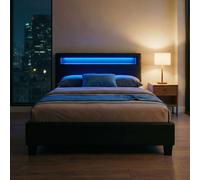 Lit LED simple 120x190 cm avec sommier, tête de lit confortable, lit 1 place revêtement synthétique noir, MIRANDO
