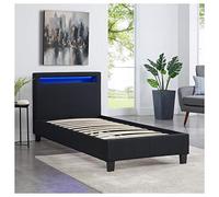 Lit LED simple 90x190 cm avec sommier, tête de lit confortable, lit 1 place revêtement en tissu noir, MOLINA