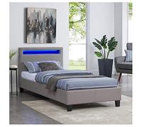 Lit LED simple 90x190 cm avec sommier, tête de lit confortable, lit 1 place revêtement en tissu gris, MOLINA
