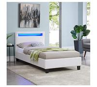 IDIMEX Lit LED Simple 90x190 cm avec sommier, tête de lit Confortable, lit 1 Place revêtement synthétique Blanc, LUCENO