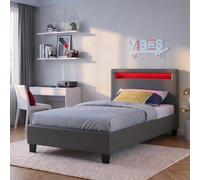 Lit LED simple 90x190 cm avec sommier, tête de lit confortable, lit 1 place revêtement synthétique gris, LUCENO
