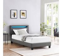 Lit LED simple 90x190 cm avec sommier, tête de lit réglable en hauteur, en synthétique gris, EVAN