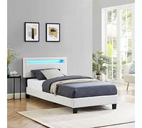 Lit LED simple 90x190 cm avec sommier, tête de lit réglable en hauteur, en tissu blanc, AUSTIN