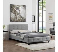Lit simple pour adulte JOLIEN avec sommier 120x190 cm 1 place et demi, tête et pied de lit capitonnés avec strass, en tissu gris