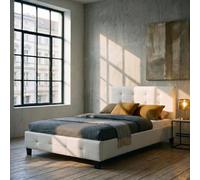 IDIMEX Lit Simple pour Adulte Marlon Couchage 120 x 190 cm avec sommier 1 Place et Demi / 1 Personne, tête et Pied de lit capitonnés, revêtement synthétique Blanc
