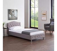 Lit simple pour adulte ou enfant BIARRITZ 90x190 cm 1 place / 1 personne avec sommier et pieds en métal chromé, tissu capitonné gris