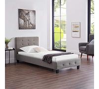Lit simple pour adulte ou enfant REVE avec sommier 90x190 cm 1 place/1 personne, tête et pied de lit capitonnés, en tissu gris