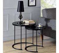 IDIMEX Lot de 2 Tables d'appoint LEYRE Tables Basses de Salon gigognes, Tables à café, Bouts de canapé Design Industriel, Plateau Rond en Verre trempé Noir Cadre en métal Noir
