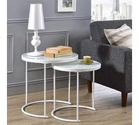 IDIMEX Lot de 2 Tables d'appoint LEYRE Tables Basses de Salon gigognes, Tables à café, Bouts de canapé Design Industriel, Plateau Rond en Verre trempé Blanc Cadre en métal Blanc