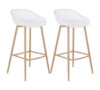 Lot de 2 tabourets de bar IREK chaise haute cuisine ou comptoir au design retro en plastique blanc et métal décor bois, assise 75 cm