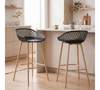 IDIMEX Lot de 2 tabourets de Bar IREK Chaise Haute pour Cuisine ou comptoir au Design Retro avec accoudoirs, en Plastique Noir et métal décor chêne Sonoma, Hauteur d'assise 75 cm
