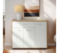 Meuble à chaussures CAMILLE, commode meuble de rangement avec 1 tiroir et 3 portes, en mélaminé décor chêne sonoma et blanc mat