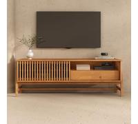 IDIMEX Meuble TV Adamo L 145 cm en Bois Massif Couleur Chêne avec 1 Porte Coulissante, 1 Tiroir, Design Chaleureux à Lamelles, Meuble Télé avec Rangement Varié, Convient pour TV jusqu'à 165 cm (65")