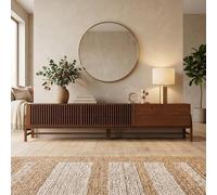 IDIMEX Meuble TV Adamo L 220 cm en Bois Massif Coloris Châtaignier avec 2 Portes Coulissantes, 2 Tiroirs, Design à Lamelles, Grand Meuble Télé avec Rangement, Convient pour TV jusqu'à 249 cm (98")