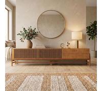 IDIMEX Meuble TV Adamo L 220 cm en Bois Massif Coloris Chêne avec 2 Portes Coulissantes, 2 Tiroirs, Design à Lamelles, Grand Meuble Télé avec Rangement, Convient pour TV jusqu'à 249 cm (98")