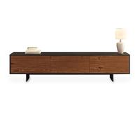 IDIMEX Meuble TV ARTO L 184 cm avec 3 Portes en Bois Couleur Noir et Châtaignier, pour Téléviseur de 32 à 80 Pouces, Rangement Bas pour Salon Moderne, Ouverture Push-to-Open