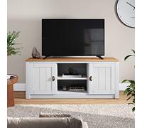 Meuble TV BOLTON L 138 cm en bois massif blanc et brun avec rangement 2 portes et 2 niches pour télévision jusqu'à 50""
