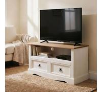 IDIMEX Meuble TV Campo Banc télévision en pin Massif Blanc et Brun avec 2 tiroirs et 1 Niche, Meuble de Rangement Style Mexicain en Bois dim 99 x 54 x 44 cm