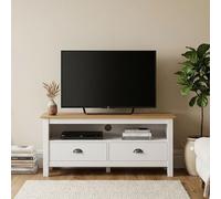 Meuble TV CAMPO L 110 cm avec 2 Tiroirs et 1 Niche en Bois Massif Couleur Blanc et Brun Style Campagne, Pour Téléviseurs jusqu'à 47""