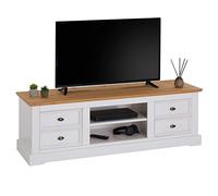 Meuble TV KENT L 144 cm en bois massif blanc et brun avec rangement 4 tiroirs et 2 niches pour télévision jusqu'à 60""