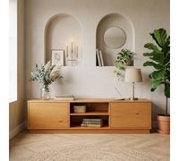 IDIMEX Meuble TV Maite L 170 cm en Bois Massif Coloris Chêne avec 2 Portes et 2 Niches pour Télé Jusqu’à 75", Portes sans Poignées Push-to-Open, Meuble TV Salon Design Naturel avec Rangement