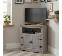 IDIMEX Meuble TV Ramon Banc télévision en pin Massif Gris et Brun avec 2 Portes et 1 Niche, Meuble de Rangement Style Mexicain en Bois dim 85 x 78 x 43 cm