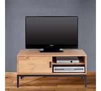 IDIMEX Meuble TV Selma Banc télé de 98 cm au Style Industriel Design Vintage avec 1 Porte coulissante et 1 Compartiment Ouvert, en pin Massif teinté Brun Clair