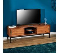 IDIMEX Meuble TV Selma L 145 cm en Bois Massif Brun foncé au Style Industriel Design Vintage avec 2 Portes coulissantes et 1 Compartiment Ouvert, pour télé jusqu'à 152 cm